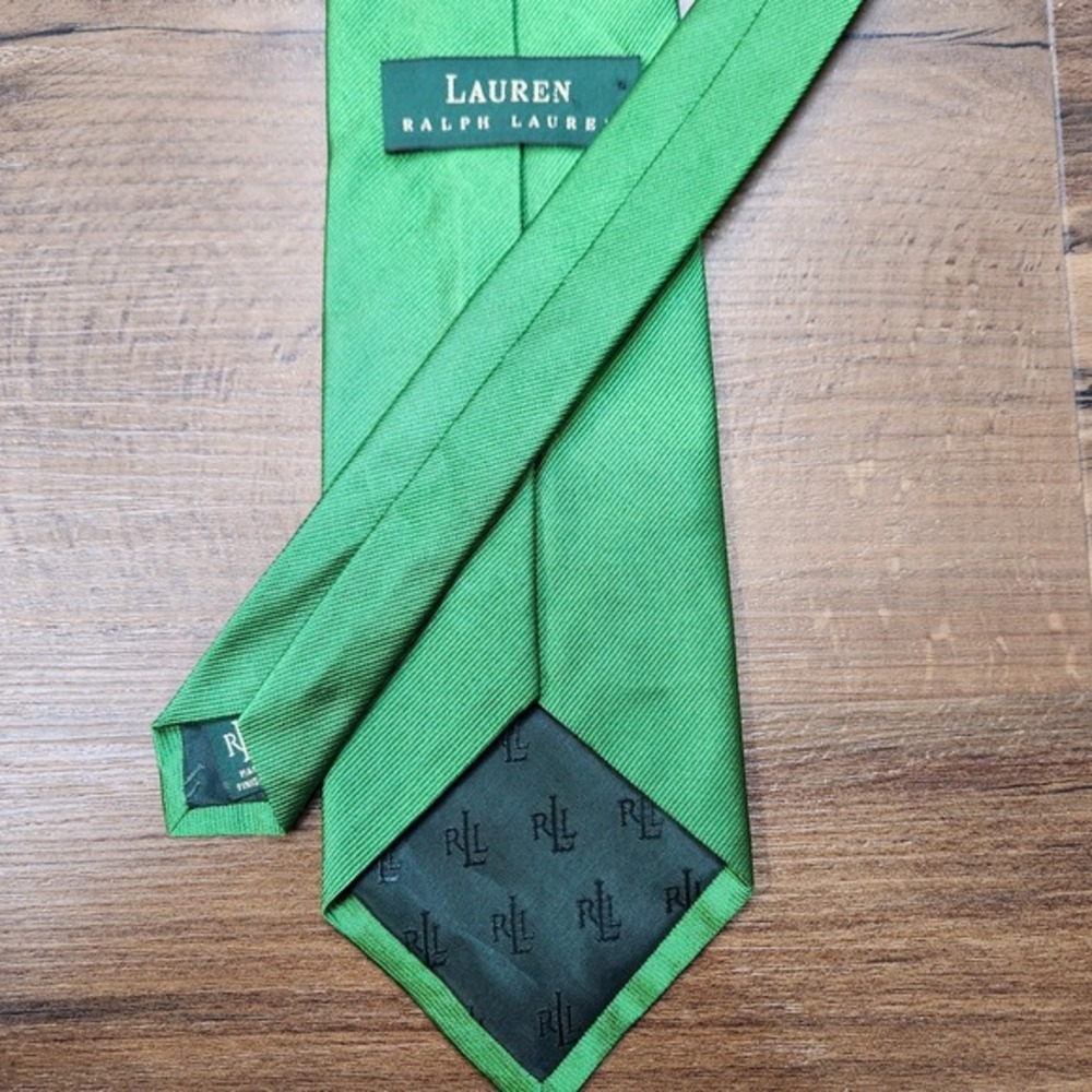 Vintage Ralph Lauren  Silk Emerald‎ Green Ribbed Tie Crown Logo - Picture 2 of 5